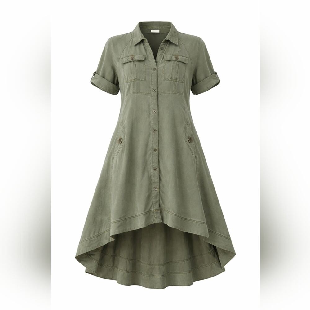 Anthropologie Holding Horse Swing Dress Shirt Dress High Low Hem Olive Size 12